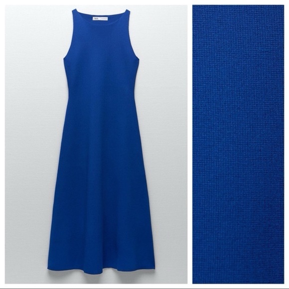 Zara Cobalt Blue Aline Knit Midi Dress Royal Resort Travel Cruise Wedding Halter - Picture 8 of 12